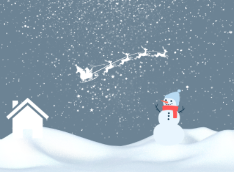 A delightful winter scene involving a snowman and a flying sleigh
