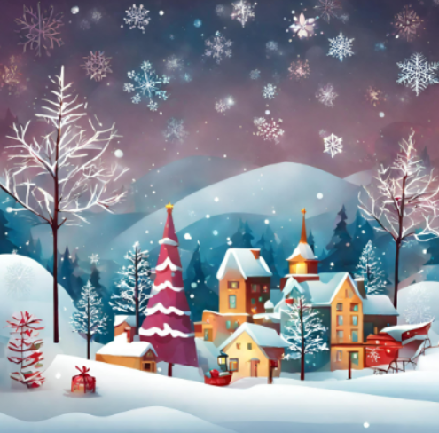 A winter scene filled with festive houses in a snowy climate