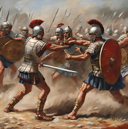 Two soldiers of the Roman age dueling it out in an open field, created by Magic Media in Canva