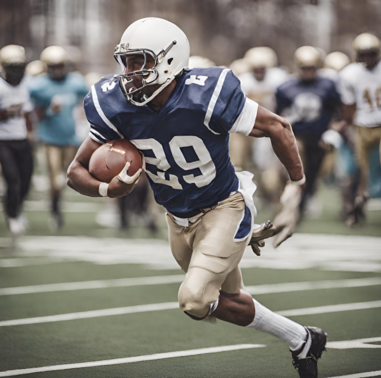 A Canva AI generated image of a football player running swiftly with the ball in hand.