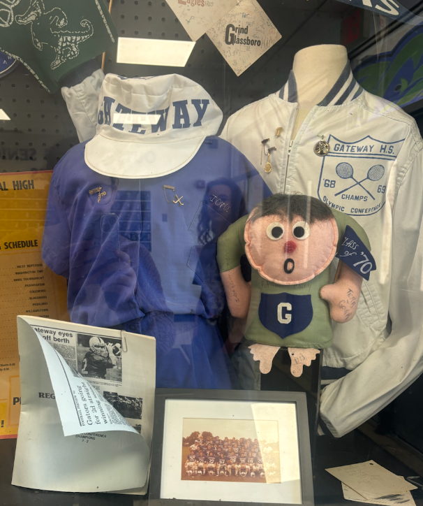 GRHS Gallery showcasing gym uniforms from the 1970s. 