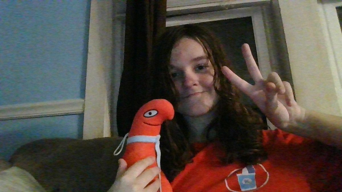 A photo of me holding my Allan plush toy that my brother got me as a birthday gift. I'm making a peace sign