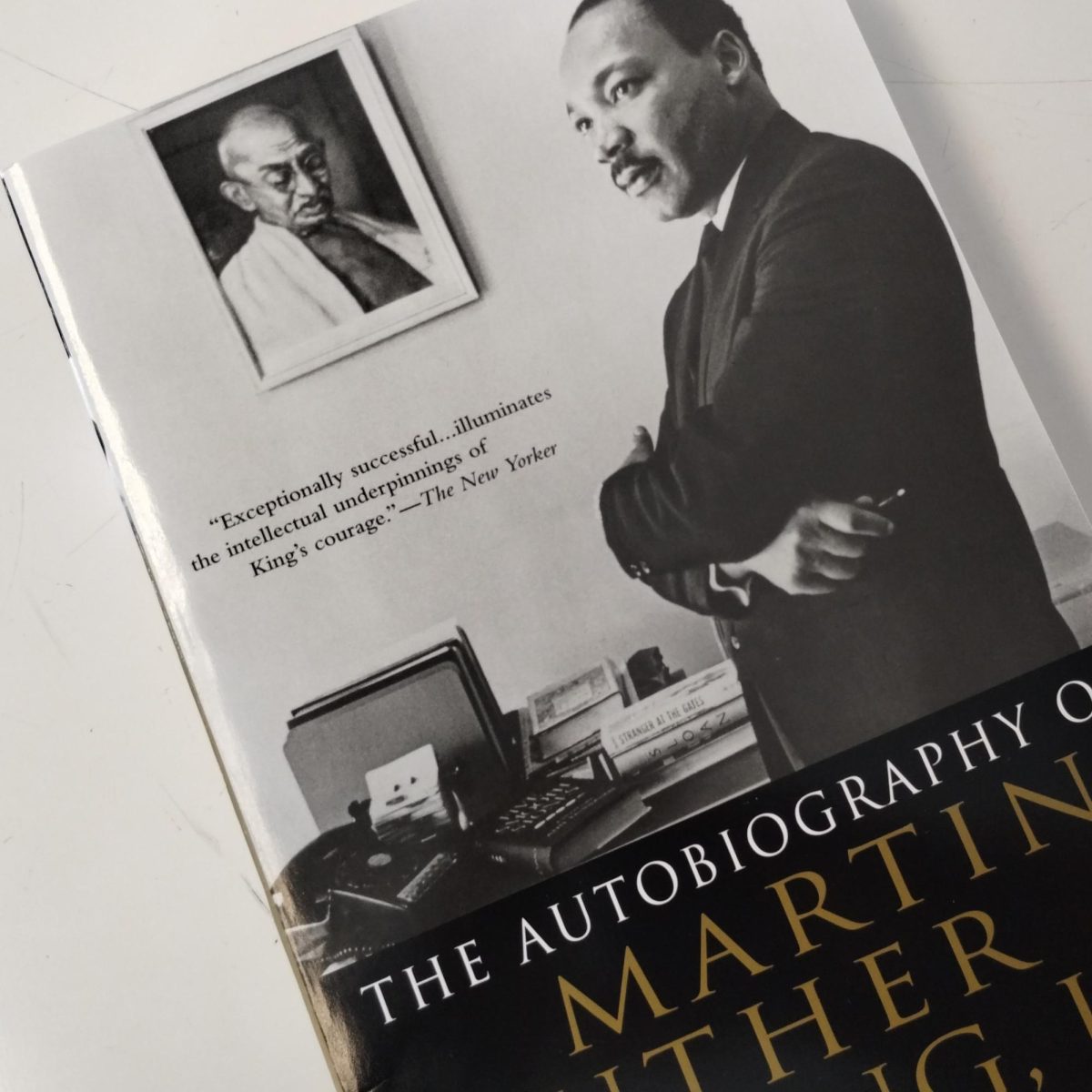 A Clayborne Carson book bought from Barnes & Noble: "The Autobiography of Martin Luther King, Jr." This was taken in room 415 of Gateway Regional High School