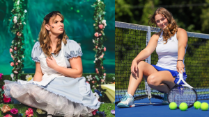 Collage of Allison performing as Alice in Wonderland (L) and posing for a tennis picture (R)