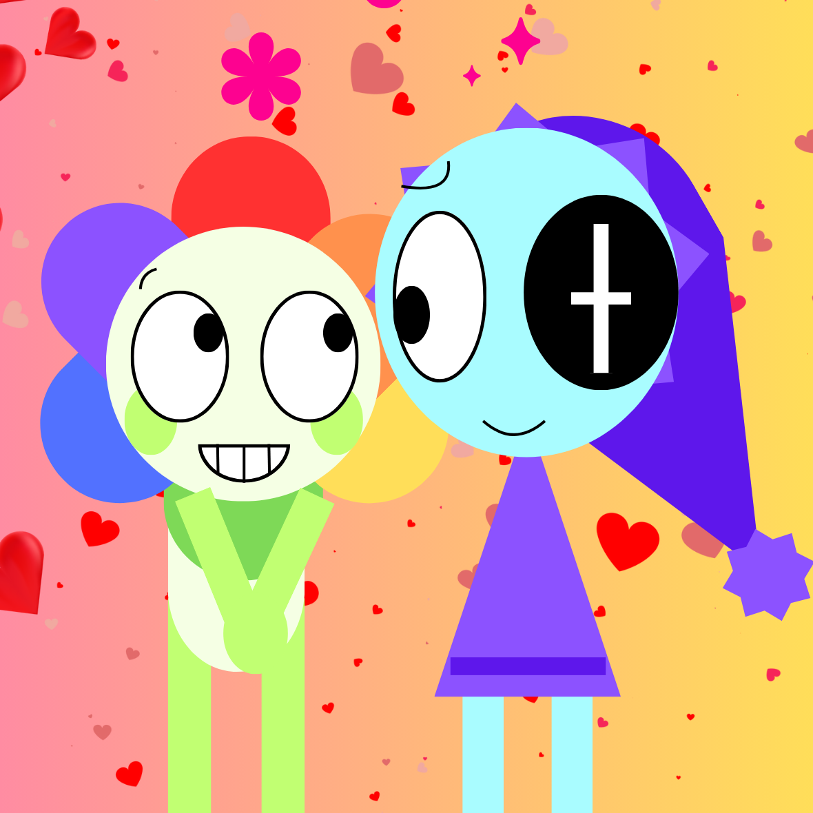 Canva.com graphic image, background is a yellow-pink gradient with hearts and flowers all over. Characters depicted as "Astro Novalite" (right) and "Dandicus Dancifer" (left) from the ROBLOX game "Dandy's World". They are looking at each other.