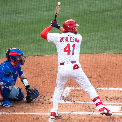 Alec Burleson loads his swing at Busch Stadium, St. Louis