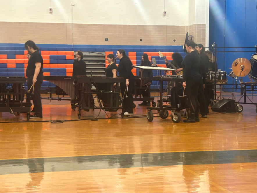 Indoor Percussion rack players L to R: Logan Ciaccia, Christopher Marsden, Sophia Costantino, Viktoria Syvanych, Calypso Wood, Xavier Muckley, Sarah Gilmore, Evan Sherm